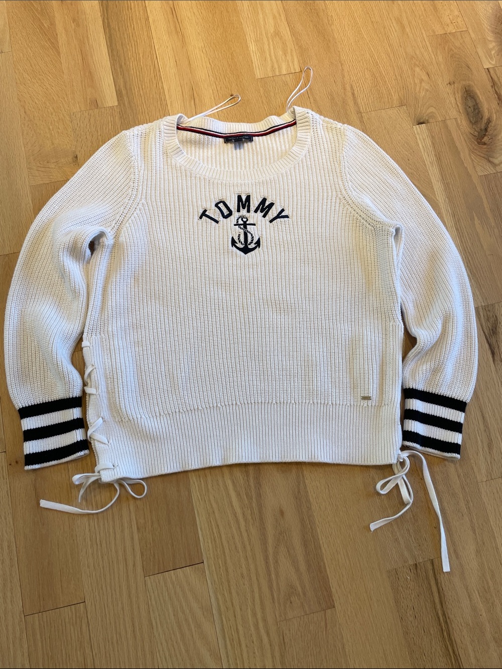 Tommy Hilfiger White Knit Crewneck Sweater with Navy Logo & Stripes